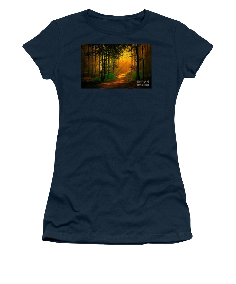 Sunrise In The Forest Women's T-Shirt featuring the digital art Sunrise In The Forest #1 by Jerzy Czyz