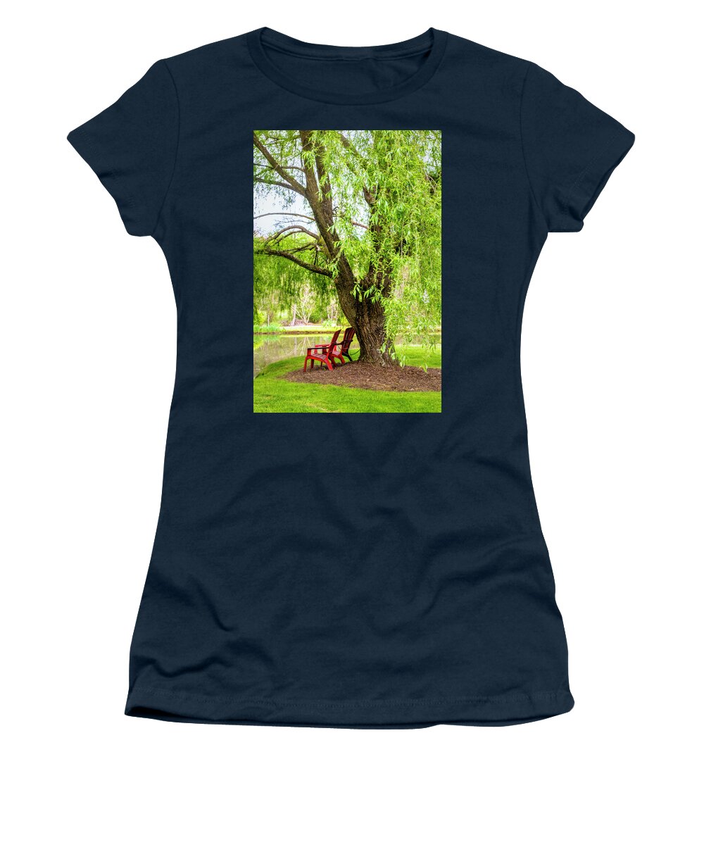Red Women's T-Shirt featuring the photograph Under the Weeping Willow #1 by Debra and Dave Vanderlaan