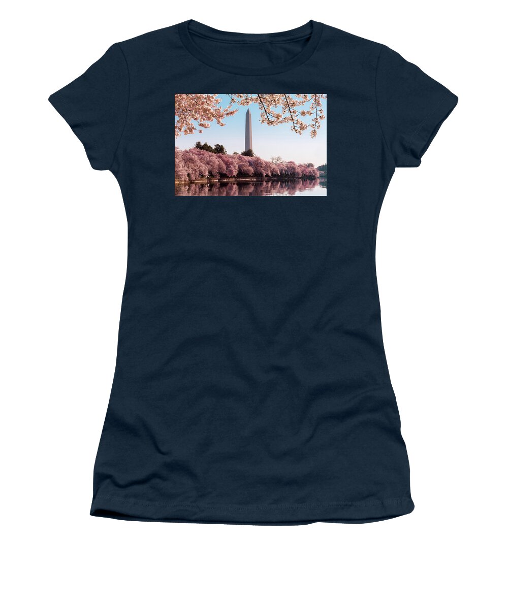 Flower Women's T-Shirt featuring the photograph Washington Monument towers above blossoms #1 by Steven Heap