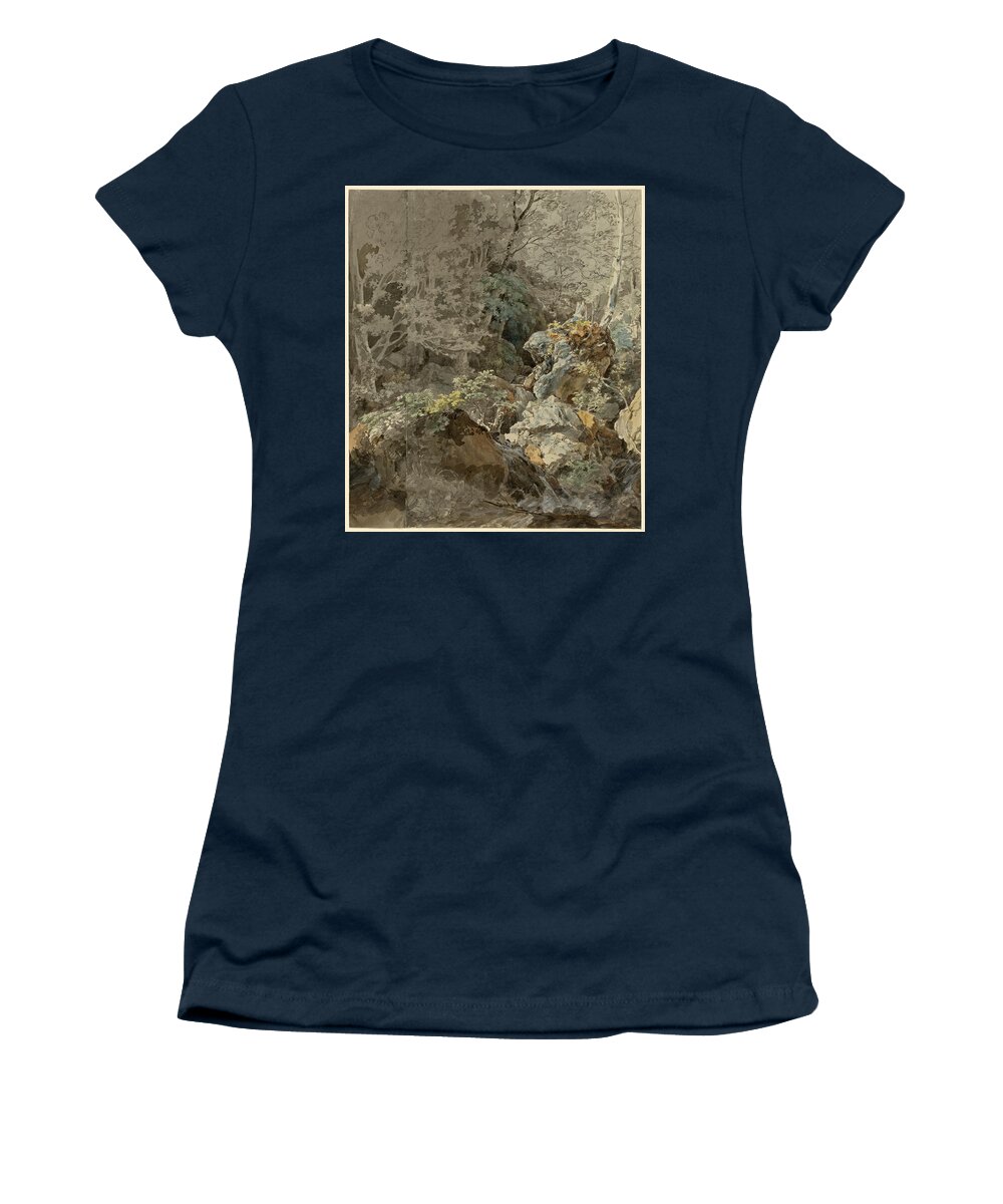 Johann Georg Von Dillis Women's T-Shirt featuring the drawing Waterfalls in a Mountain Forest #2 by Johann Georg von Dillis