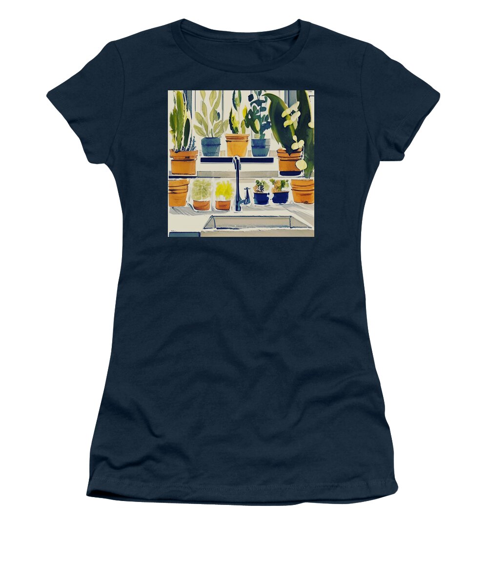Windowsill Women's T-Shirt featuring the digital art Windowsill Garden IV #1 by Bonnie Bruno