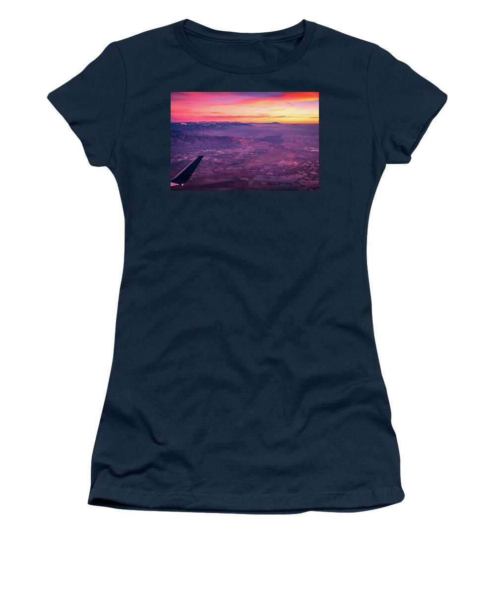 Flying Women's T-Shirt featuring the photograph Flying Over Rockies In Airplane From Salt Lake City At Sunset #13 by Alex Grichenko