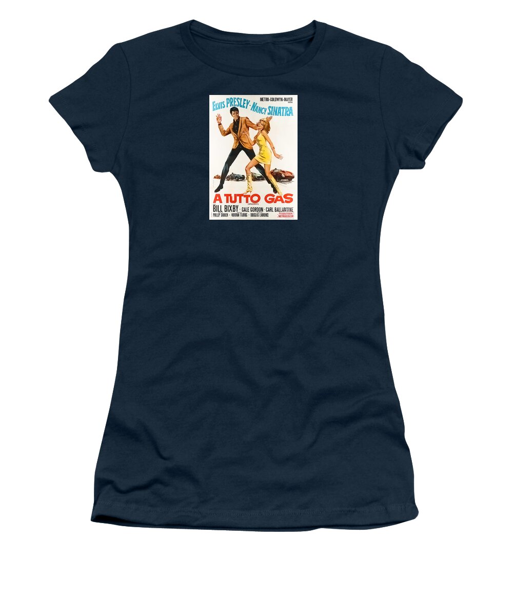  Women's T-Shirt featuring the mixed media 1968 A Tutto Gas movie poster Elvis Presley and Nancy Sinatra by Retrographs