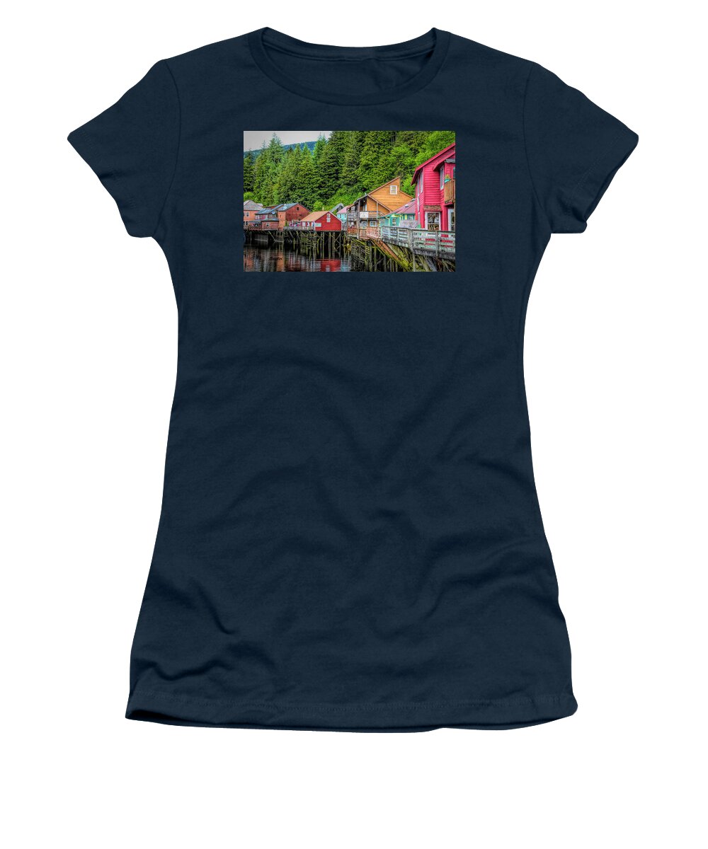 Barbara Snyder Women's T-Shirt featuring the photograph Creek Street Ketchikan Alaska #2 by Barbara Snyder