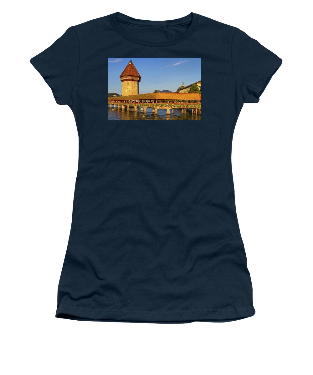 Colorful Women's T-Shirt featuring the photograph Kapellbrucke Chapel covered Bridge and Water Tower in Luzern, Sw #2 by Elenarts - Elena Duvernay photo