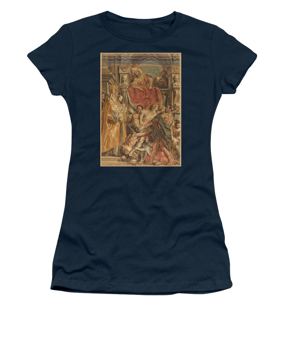Jacob Jordaens Women's T-Shirt featuring the drawing Saint Martin of Tours Healing the Servant of Tetrodius #3 by Jacob Jordaens