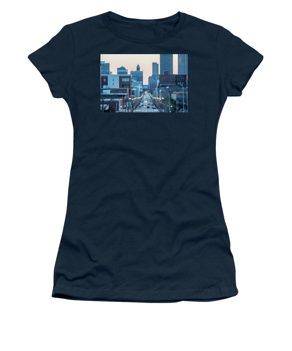  Women's T-Shirt featuring the photograph Des Moines Iowa skyline in USA at night #20 by Alex Grichenko
