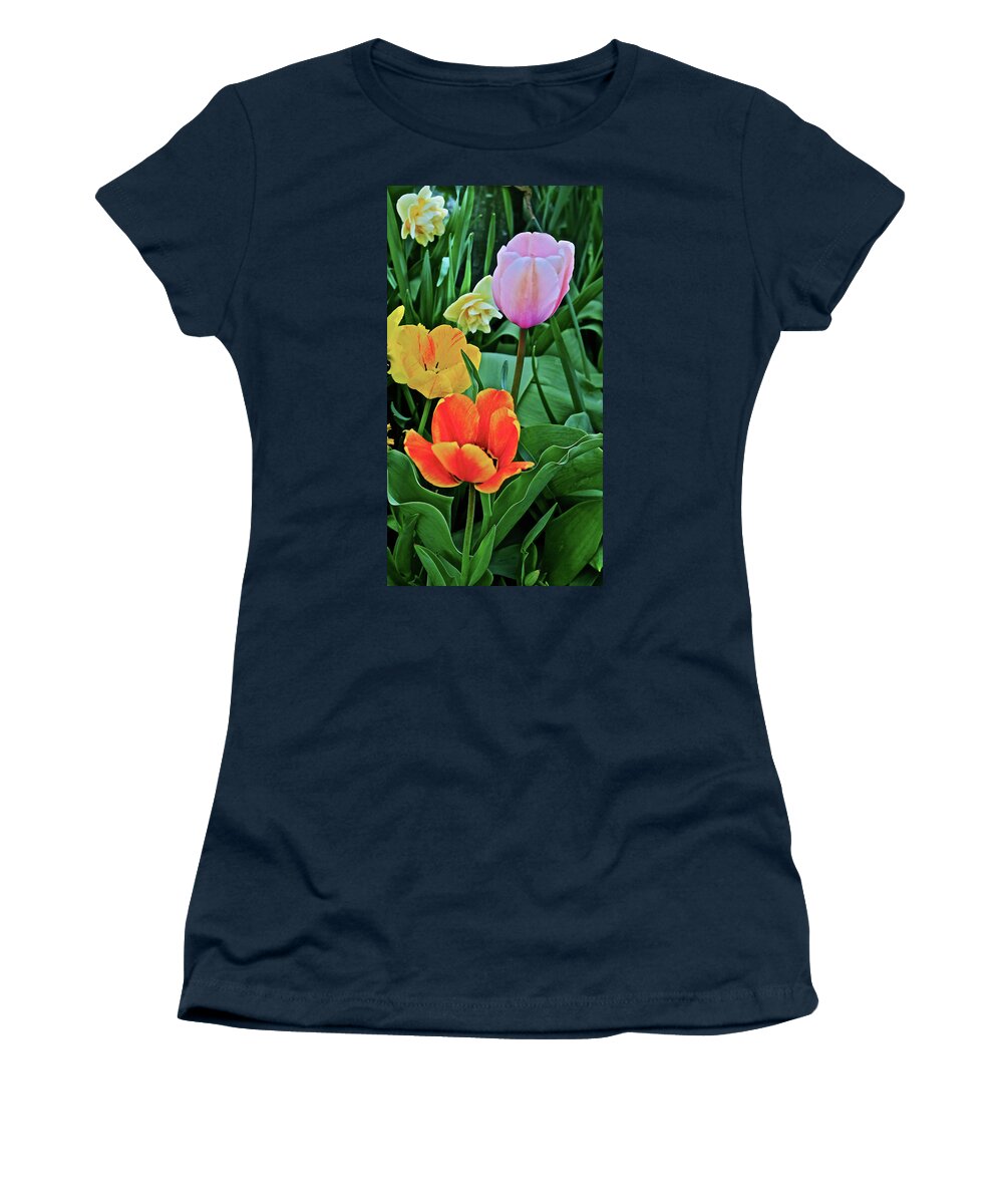 Tulips Women's T-Shirt featuring the photograph 2020 Acewood Tulips Side Yard by Janis Senungetuk