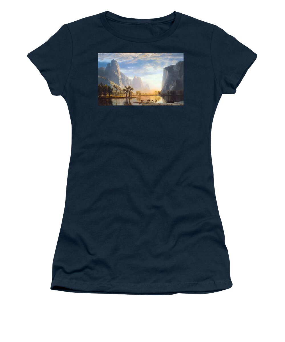 Valley Women's T-Shirt featuring the painting Valley of the Yosemite by Albert Bierstadt by Mango Art