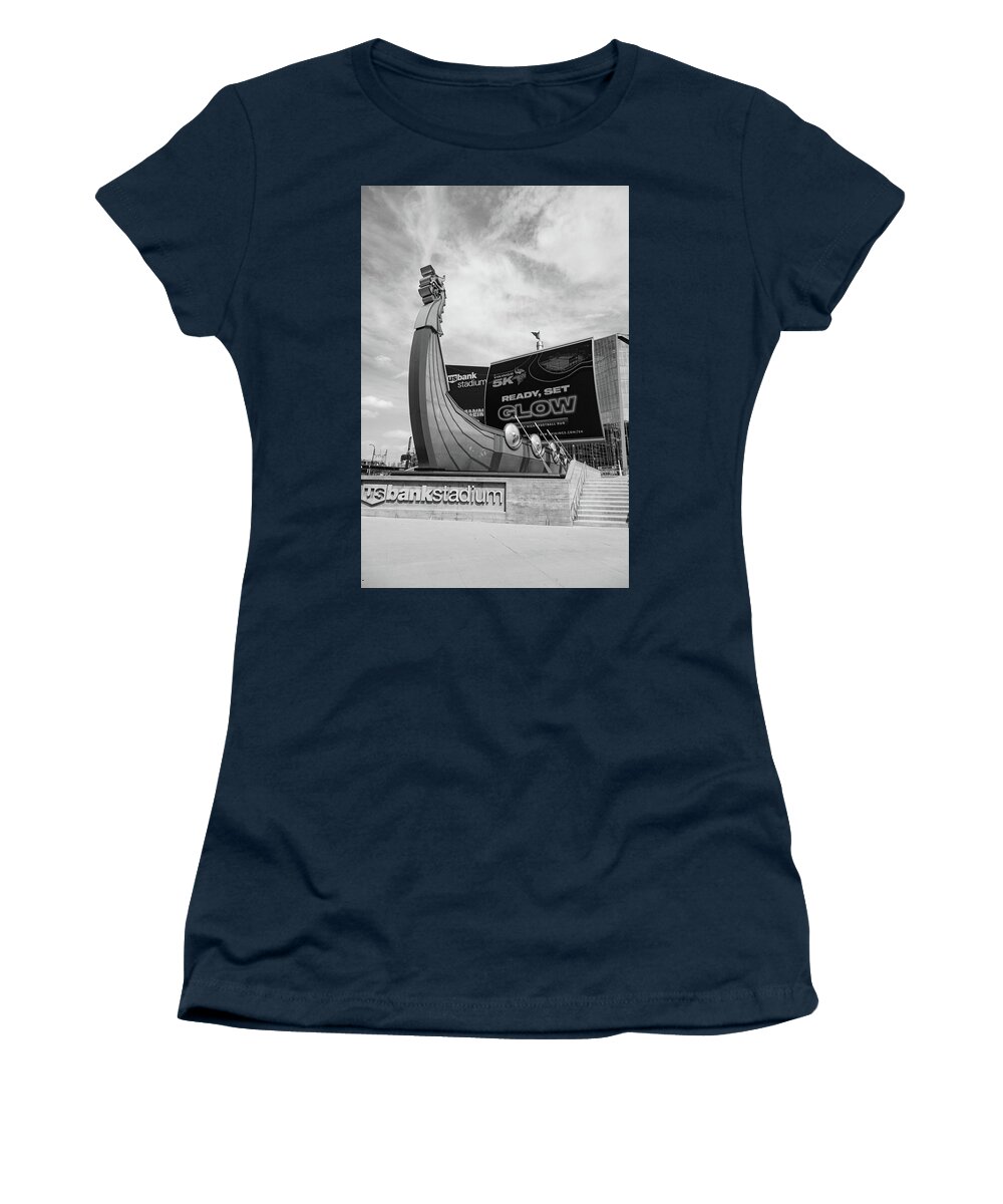 Summer Women's T-Shirt featuring the photograph Minnesota Vikings US Bank Stadium in Minneapolis Minnesota in black and white #4 by Eldon McGraw