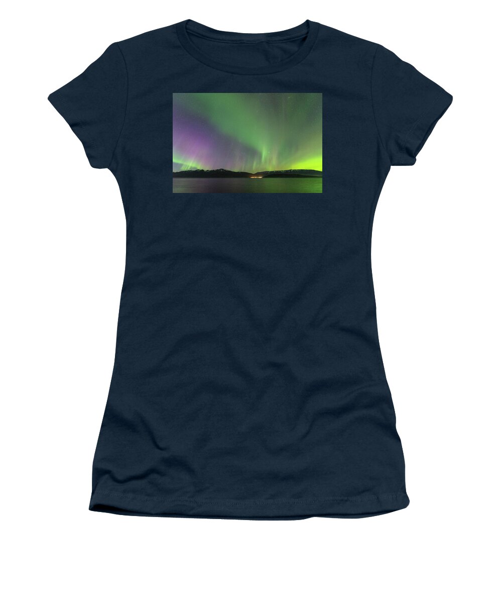 Outdoor; Northern Lights; Aurora; Aurora Borealis; Borealis; Atlantic Ocean; Mountains; Reflection; Colors; Akureyri; Hauganes; Iceland; Iceland Nature; Travelling; Grýtubakkahreppur; Eyjafjordur Bay Women's T-Shirt featuring the digital art Northern lights on Akureyri, Iceland #2 by Michael Lee