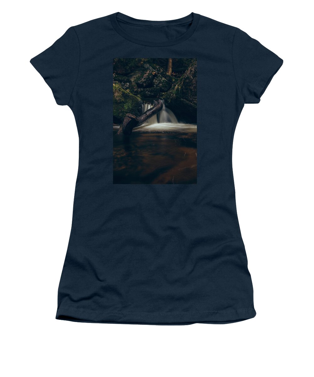 Jizera Mountains Women's T-Shirt featuring the photograph Waterfall in a horror setting evokes authenticity and fear by Vaclav Sonnek