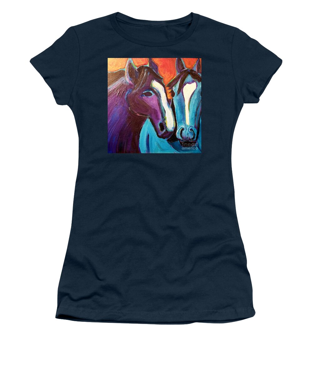 Horses Women's T-Shirt featuring the painting Friends #5 by Rabiah Seminole