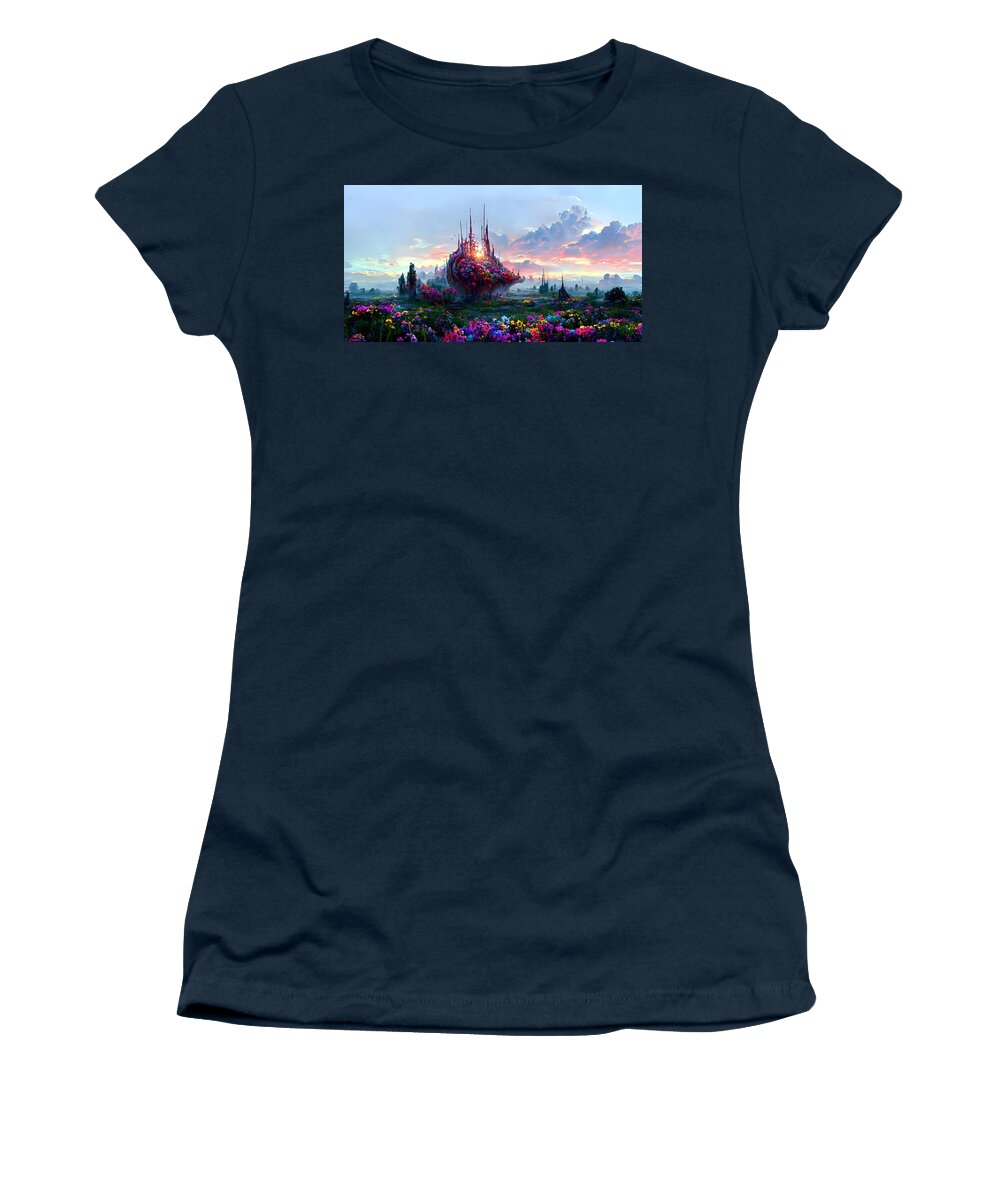A Beautifully Strange Painting Of A Gorgeous Landscape Women's T-Shirt featuring the digital art flowers at Sunset 01 by Frederick Butt
