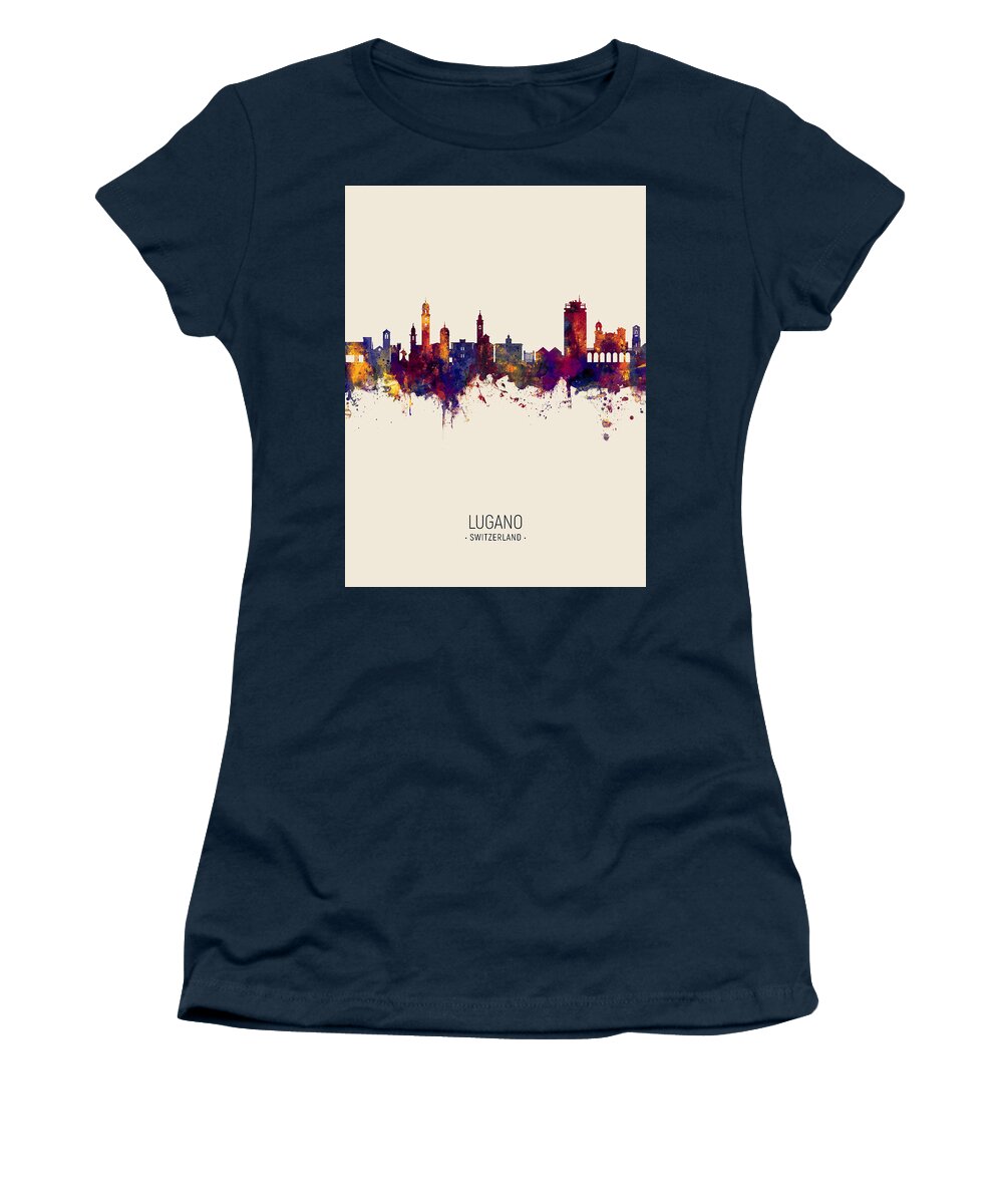 Lugano Women's T-Shirt featuring the digital art Lugano Switzerland Skyline #6 by Michael Tompsett