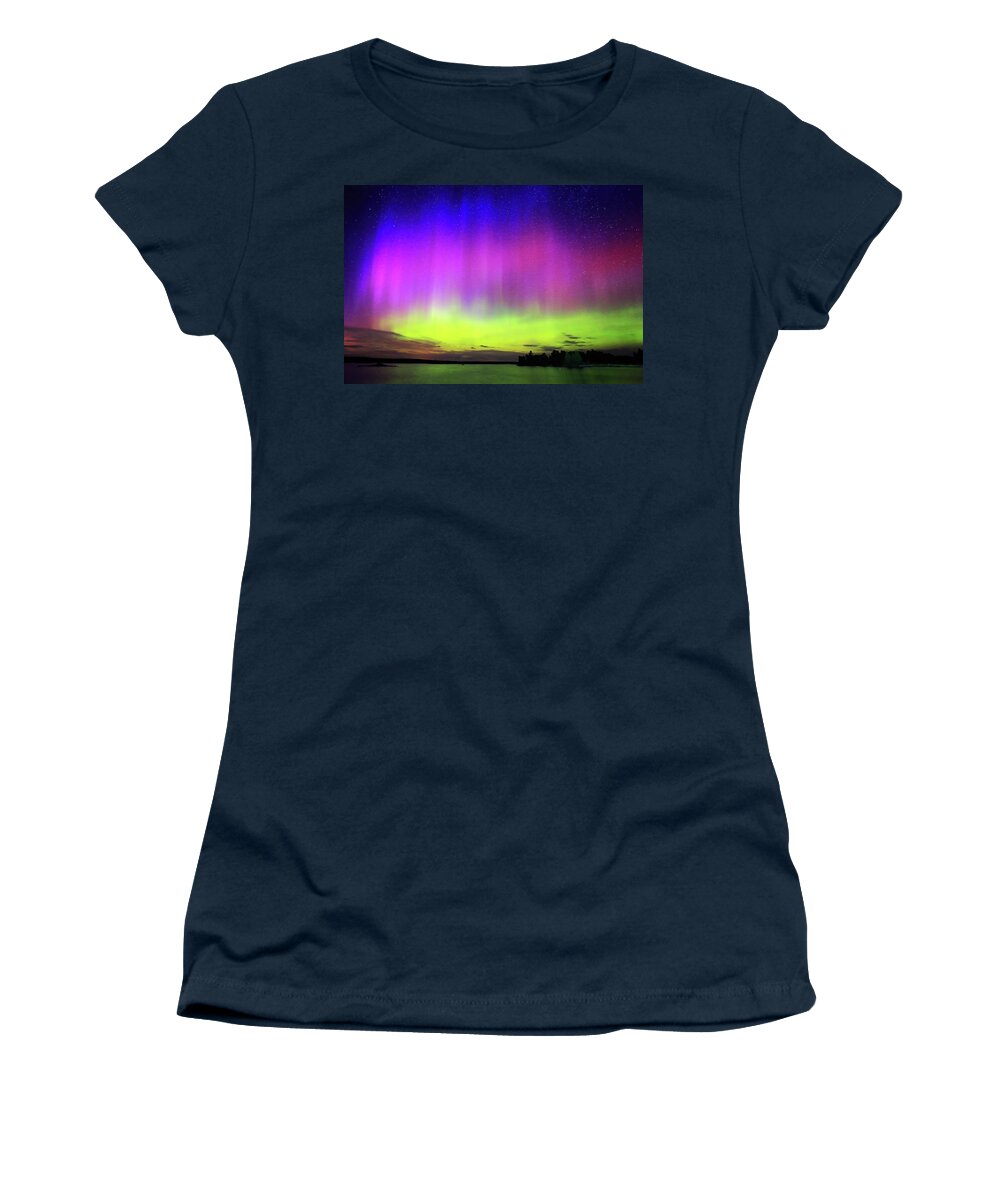 Northern Lights Women's T-Shirt featuring the photograph Northern Lights over Boulder Lake #6 by Shixing Wen