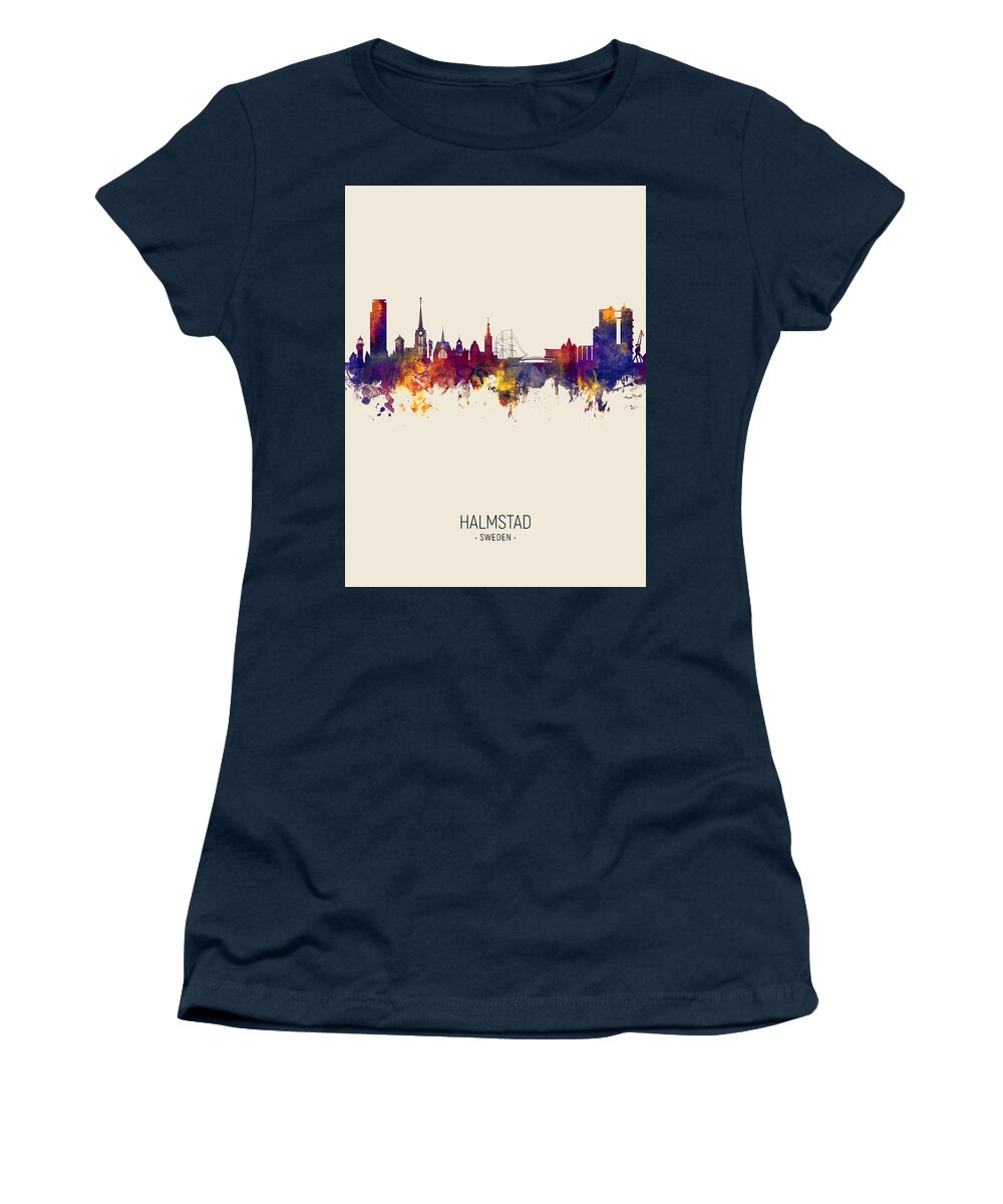 Halmstad Women's T-Shirt featuring the digital art Halmstad Sweden Skyline #8 by Michael Tompsett