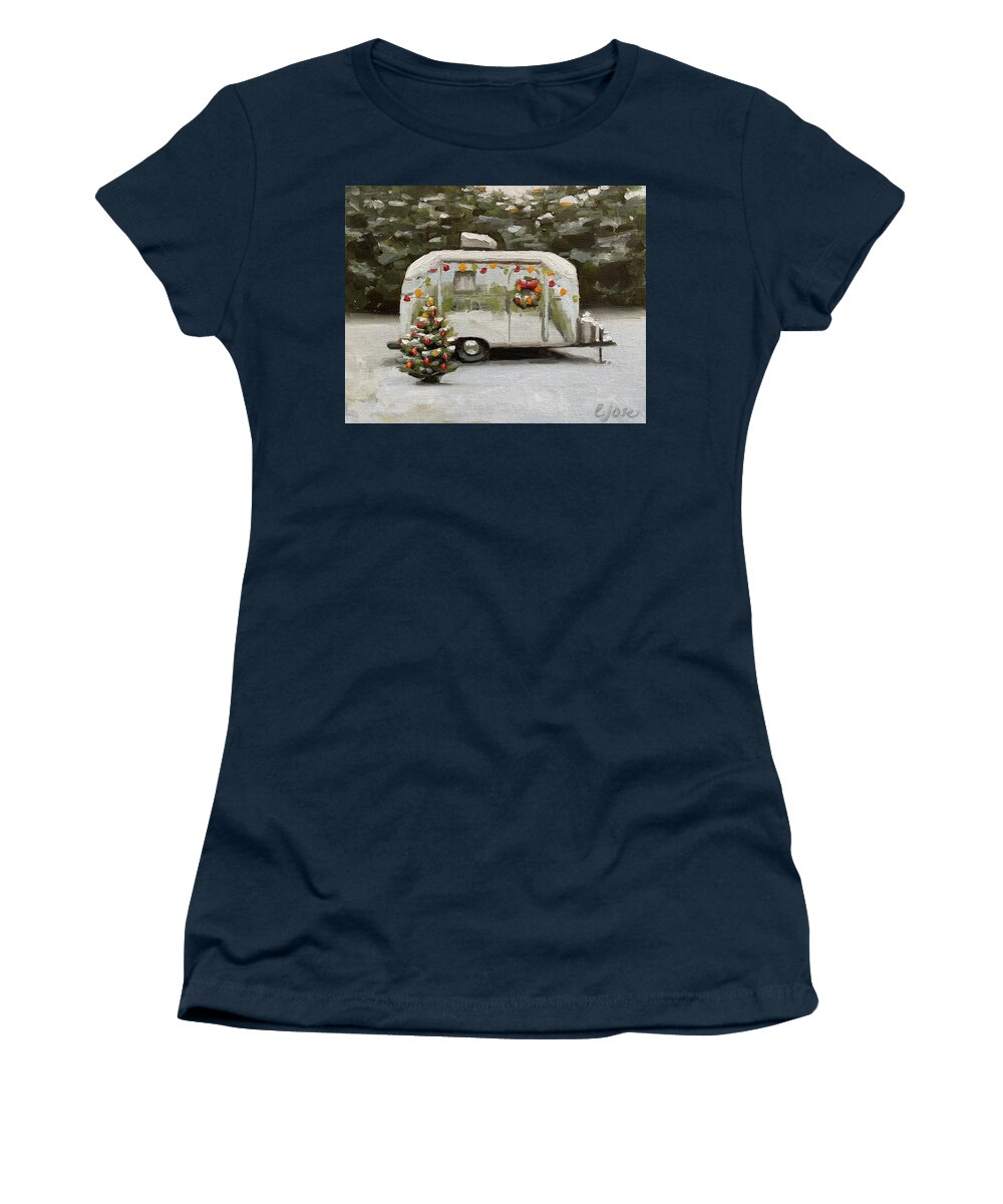 Vintage Trailer Women's T-Shirt featuring the painting A Bambi for Christmas by Elizabeth Jose