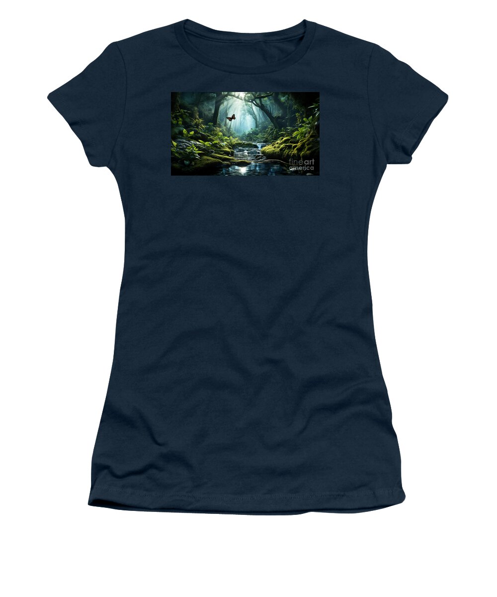 Nature Women's T-Shirt featuring the digital art A butterfly flying over the stream in the depths of the fairytale forest. by Odon Czintos