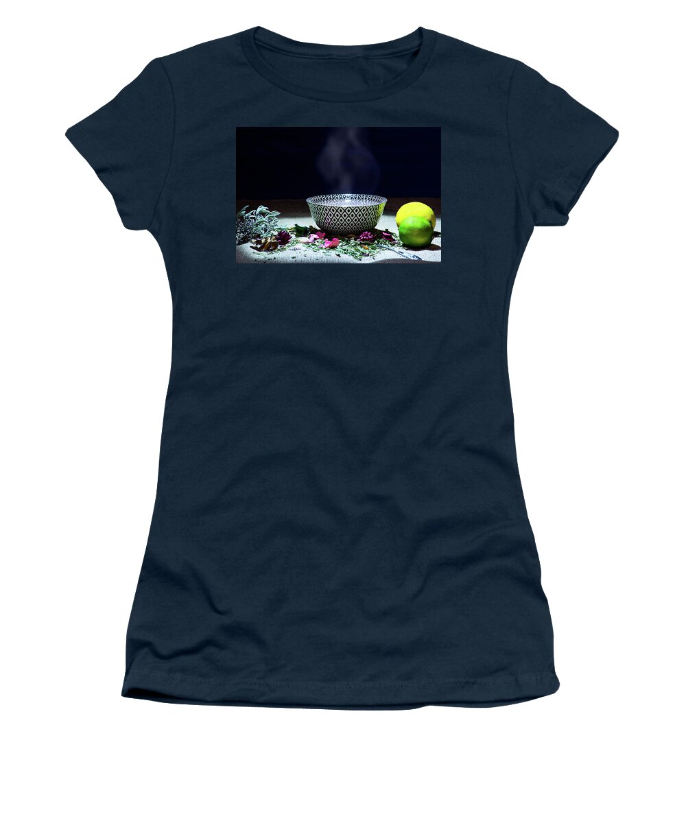 Tea Women's T-Shirt featuring the photograph A drinking bowl with tea and herbs. by Bernhard Schaffer