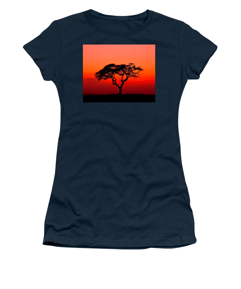 Africa Women's T-Shirt featuring the photograph A Solitary Acacia Tree in the African Sunset by Mitchell R Grosky