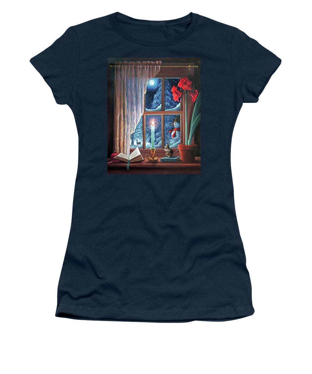 Holiday Women's T-Shirt featuring the painting A Window Winter Land by Nancy Griswold