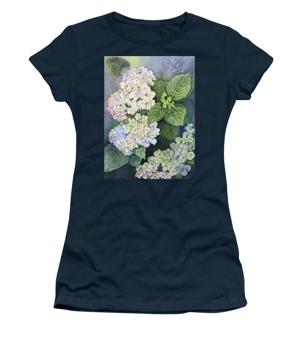 Hydrangea Women's T-Shirt featuring the painting First Blush by Kelly Miyuki Kimura