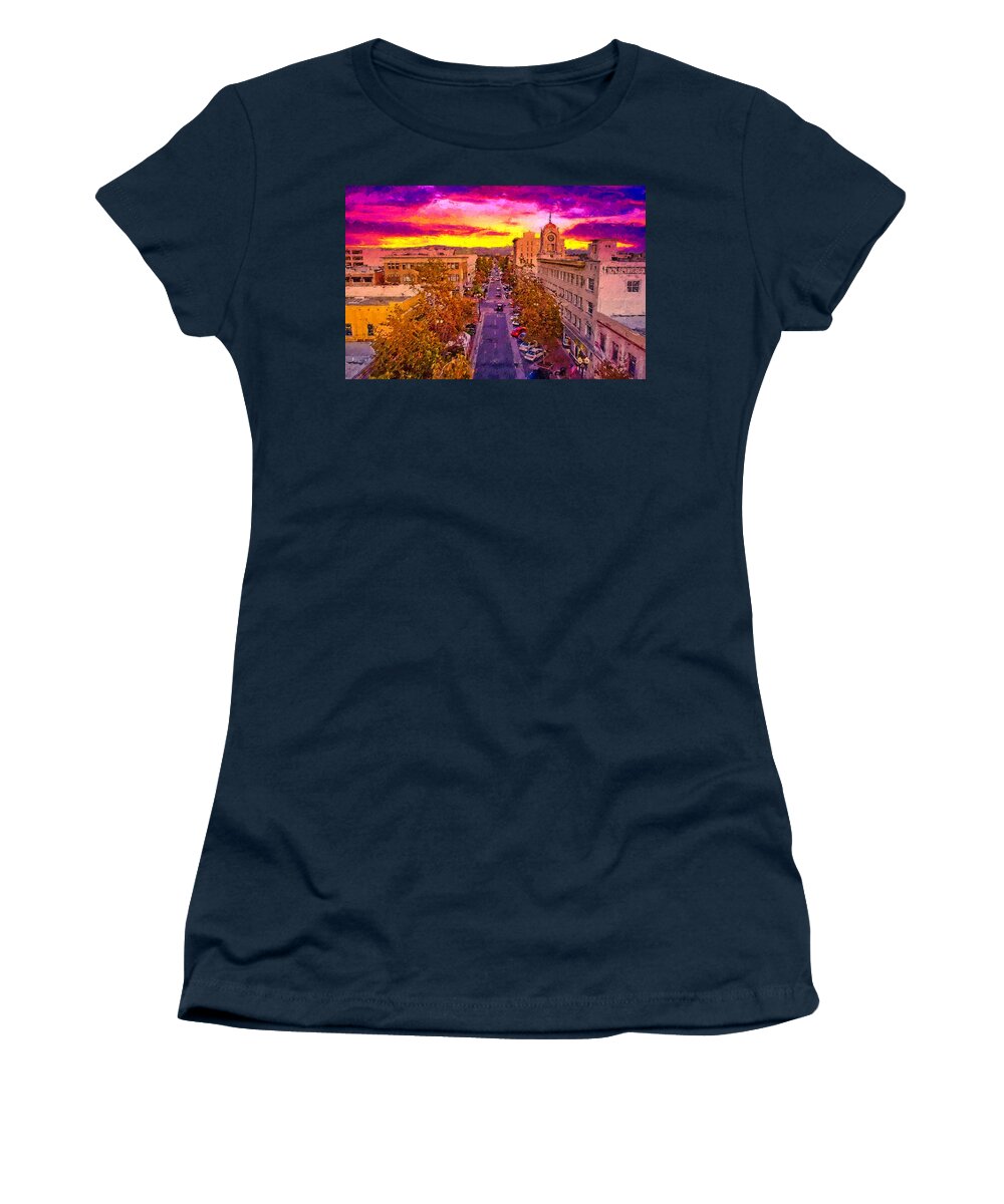 W 4th Street Women's T-Shirt featuring the digital art Aerial view of W 4th Street in downtown Santa Ana - digital painting by Nicko Prints