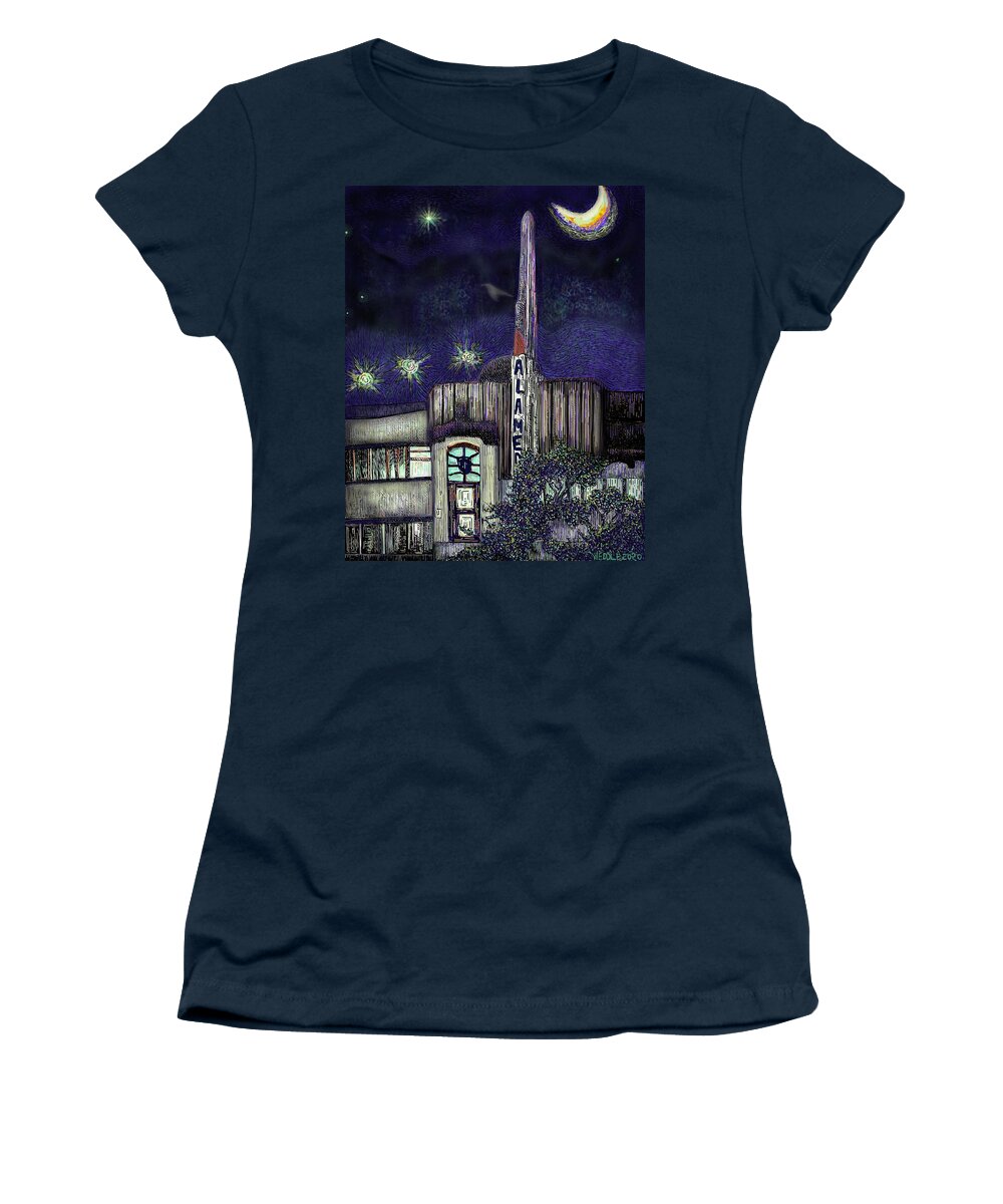 Alameda Women's T-Shirt featuring the digital art Alameda Theater at Night by Angela Weddle