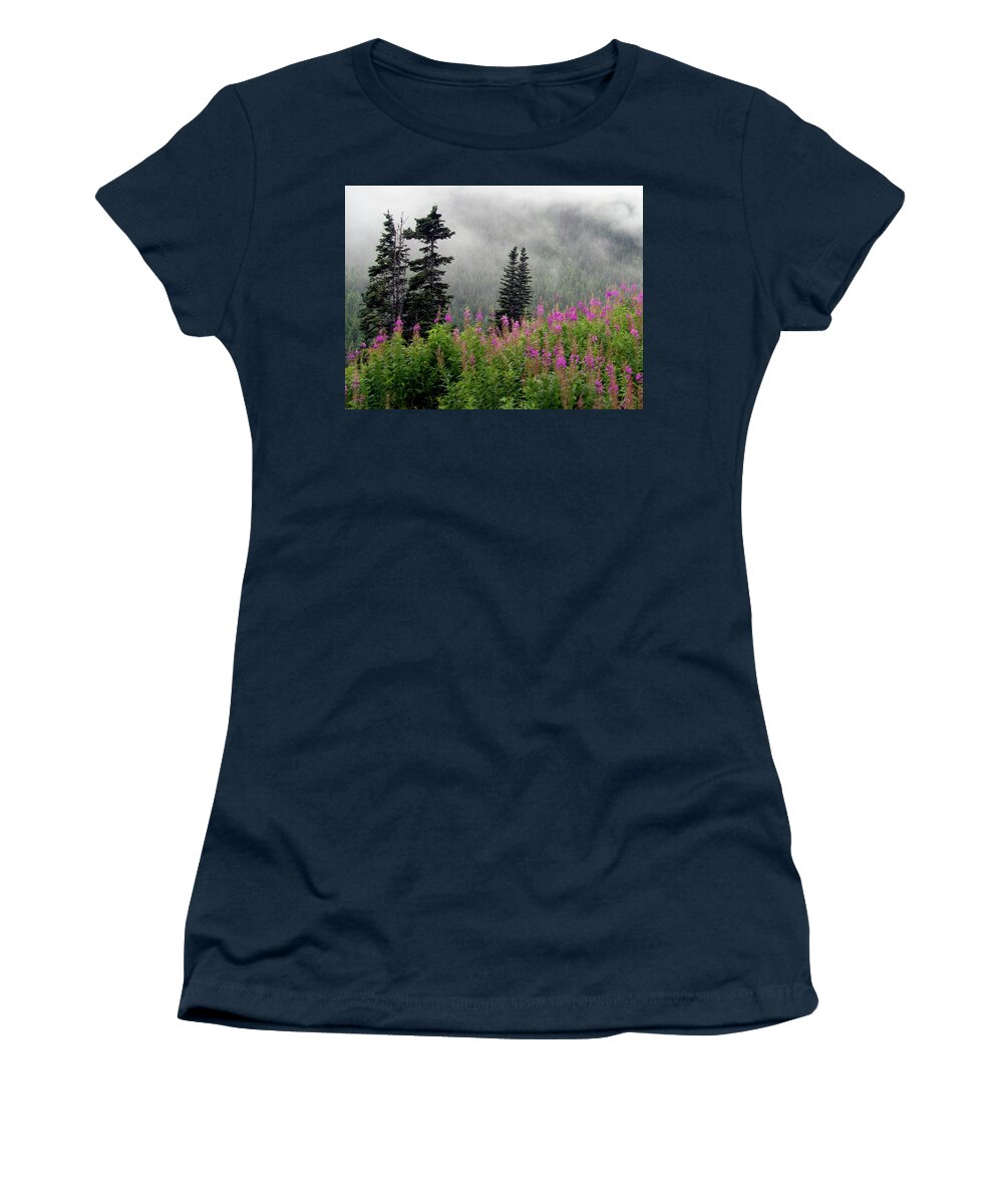 Skagway Women's T-Shirt featuring the photograph Alaska Pines and Wildflowers by Karen Zuk Rosenblatt