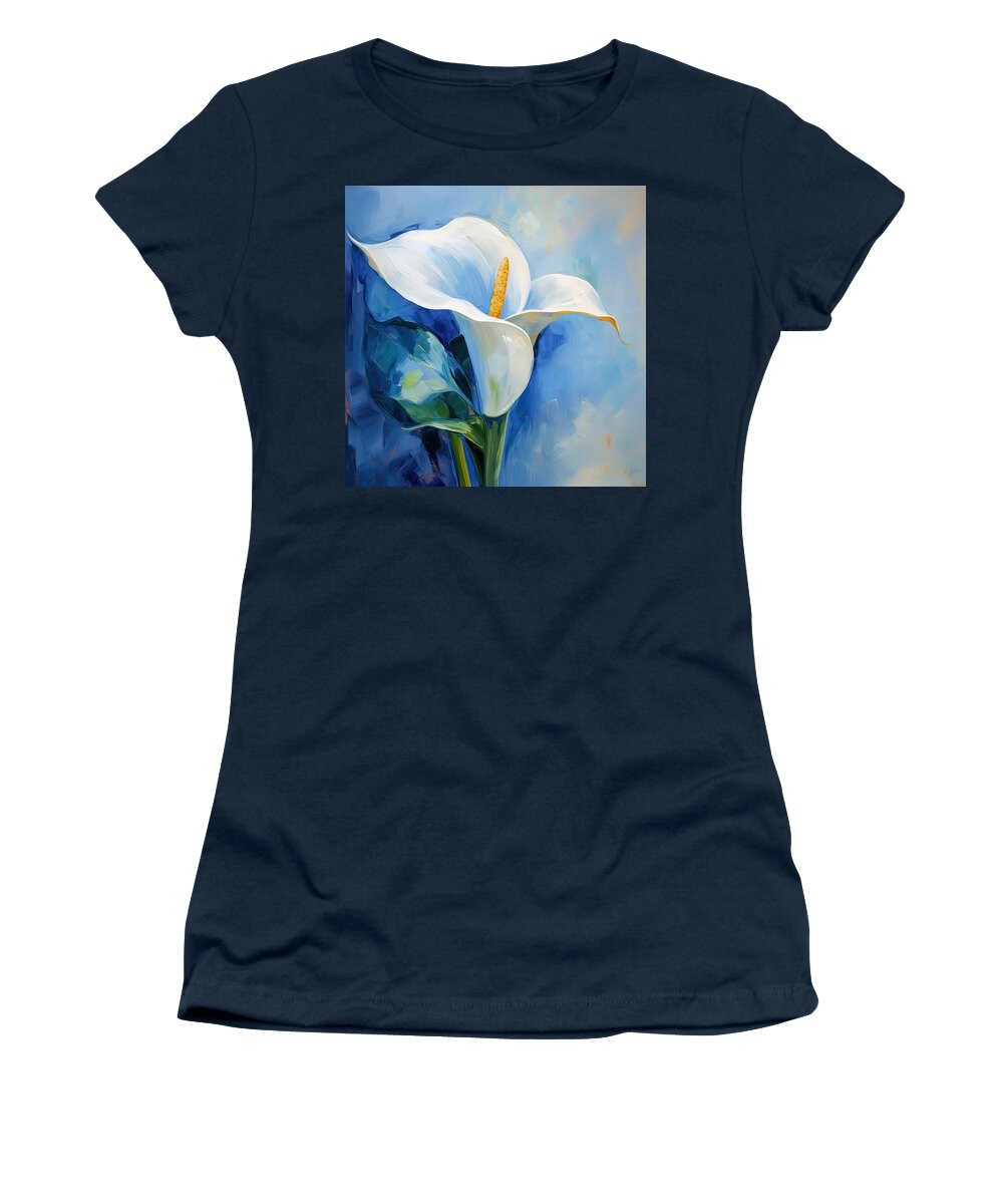 Calla Lily Women's T-Shirt featuring the painting Alone In Blue- Calla Lily Paintings by Lourry Legarde