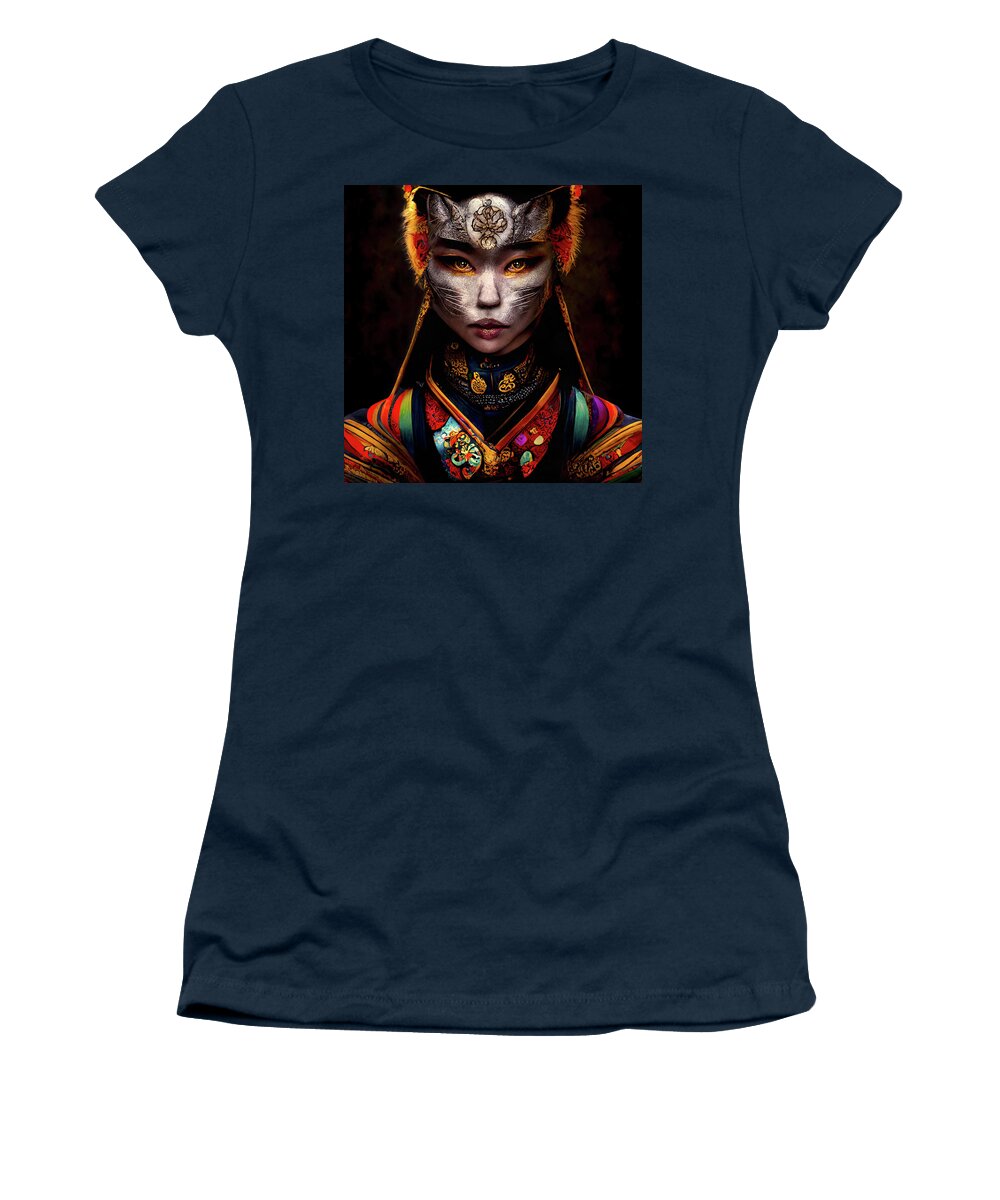 Warriors Women's T-Shirt featuring the digital art Amala the Tibetan Cat Woman Warrior by Peggy Collins