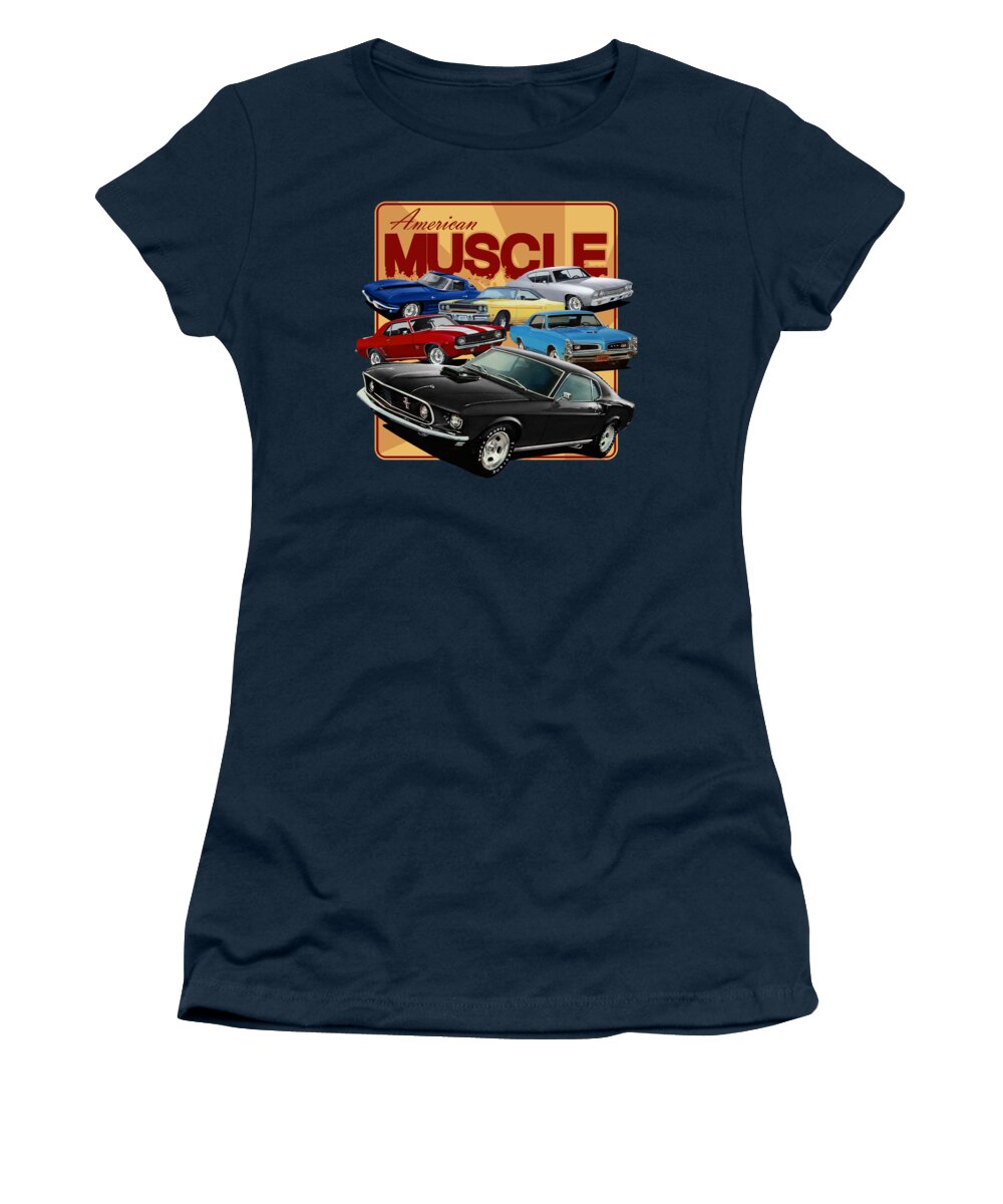 Mustang Women's T-Shirt featuring the mixed media American Muscle Cars Together by Paul Kuras