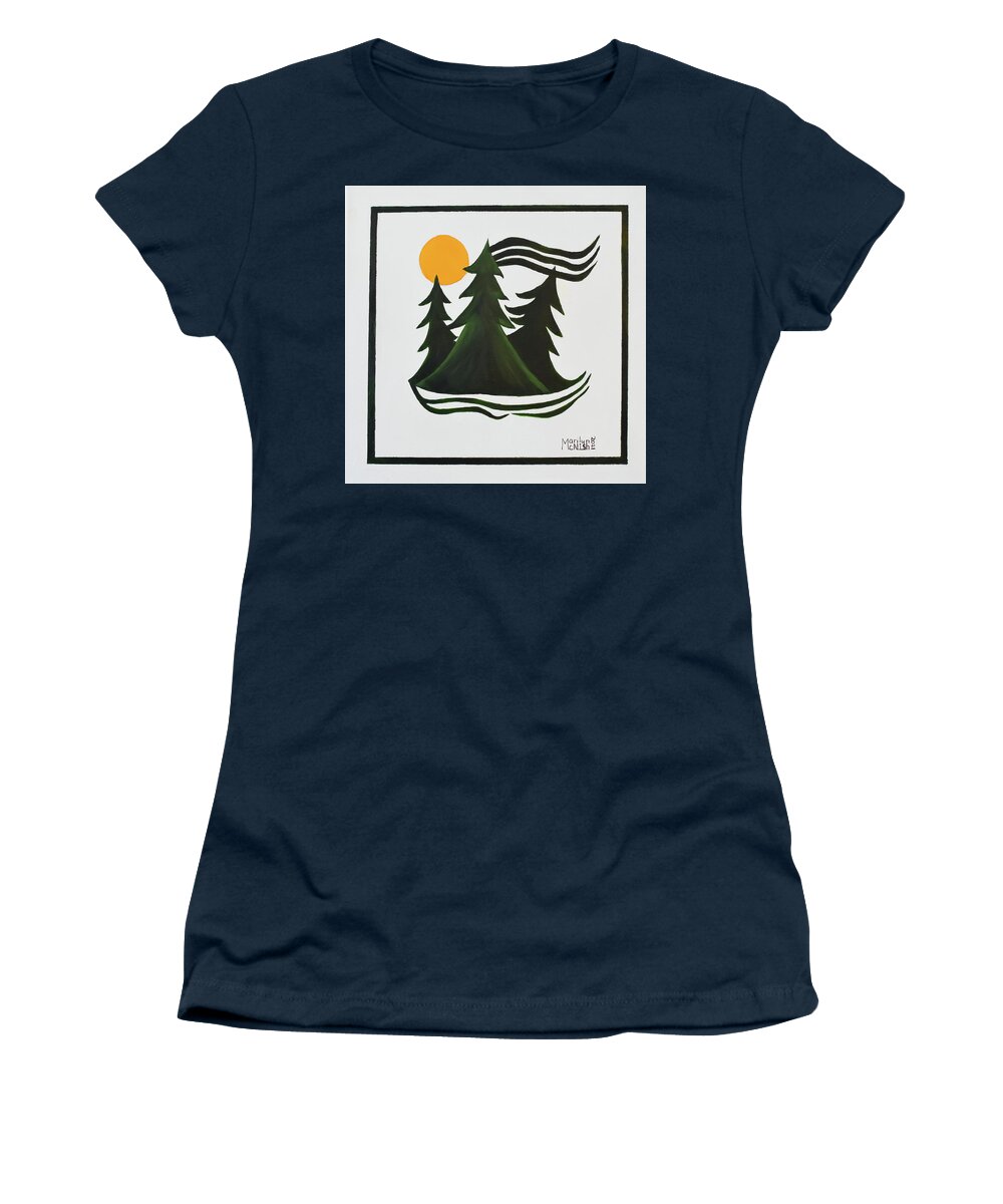 Pine Tree Women's T-Shirt featuring the painting An Orange Moon Summons by Marilyn McNish