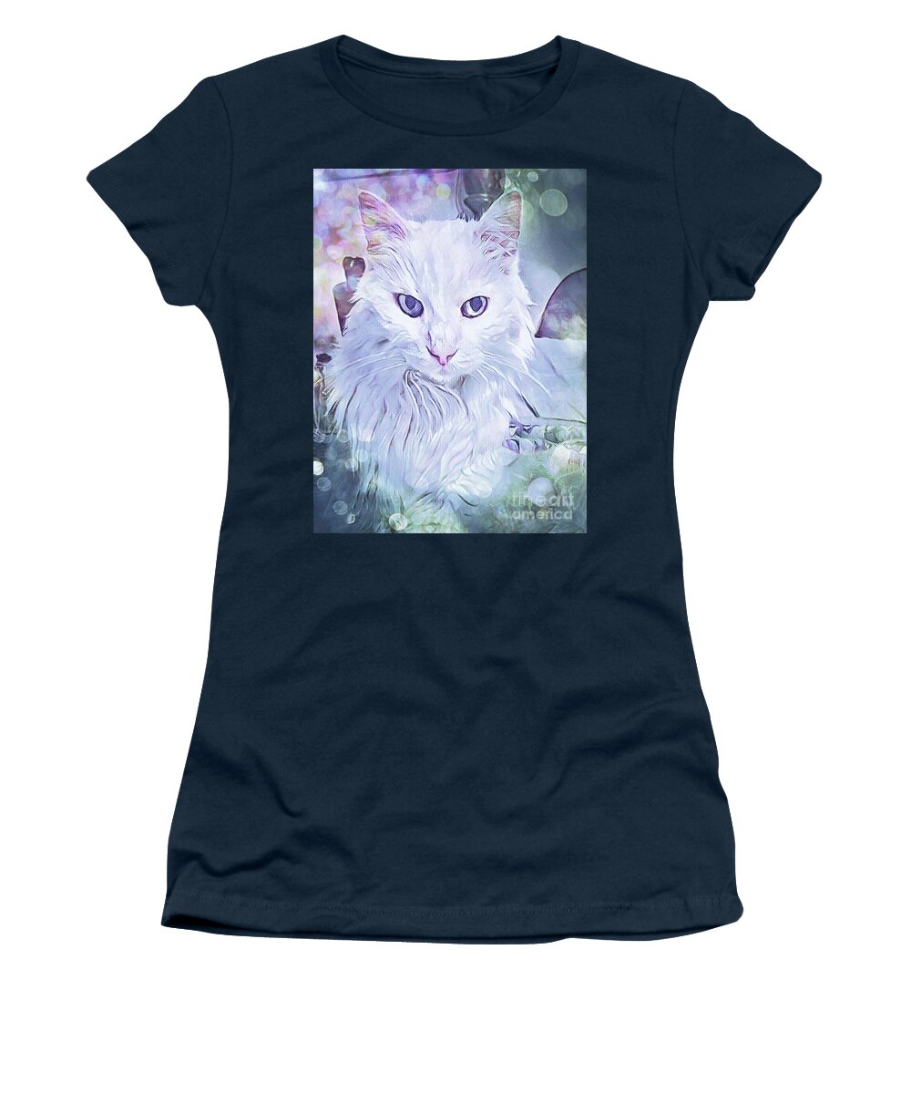 Cat; Kitten; White; White Cat; Green; Long-haired Cat; Angora; Cat Eyes; Kitten Eyes; Macro; Close-up; Photography; Portrait; Watercolor; Dreamy; Women's T-Shirt featuring the photograph Angora Eyes by Tina Uihlein