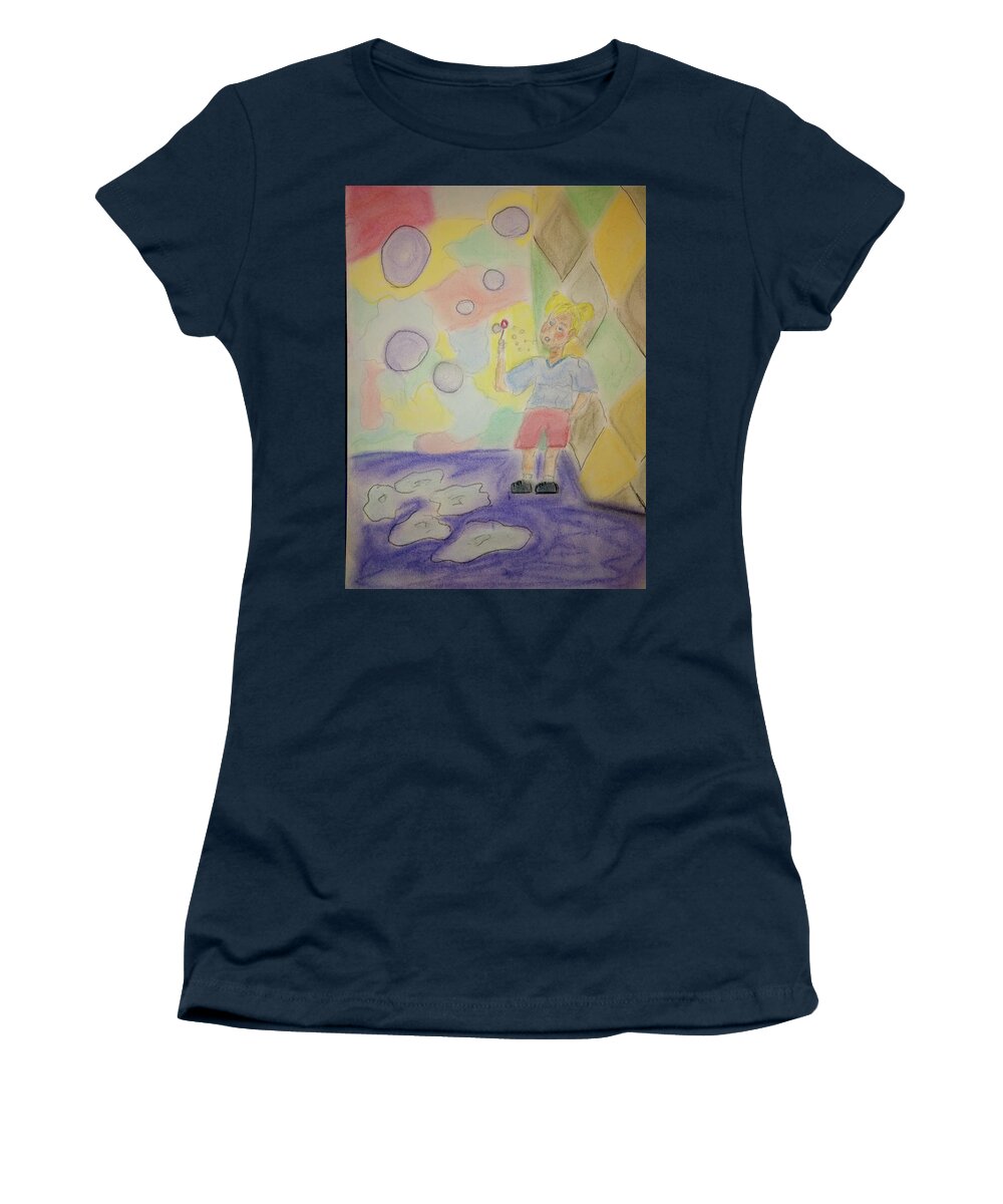 Child Women's T-Shirt featuring the pastel Ashley Blowing Bubbles by Suzanne Berthier