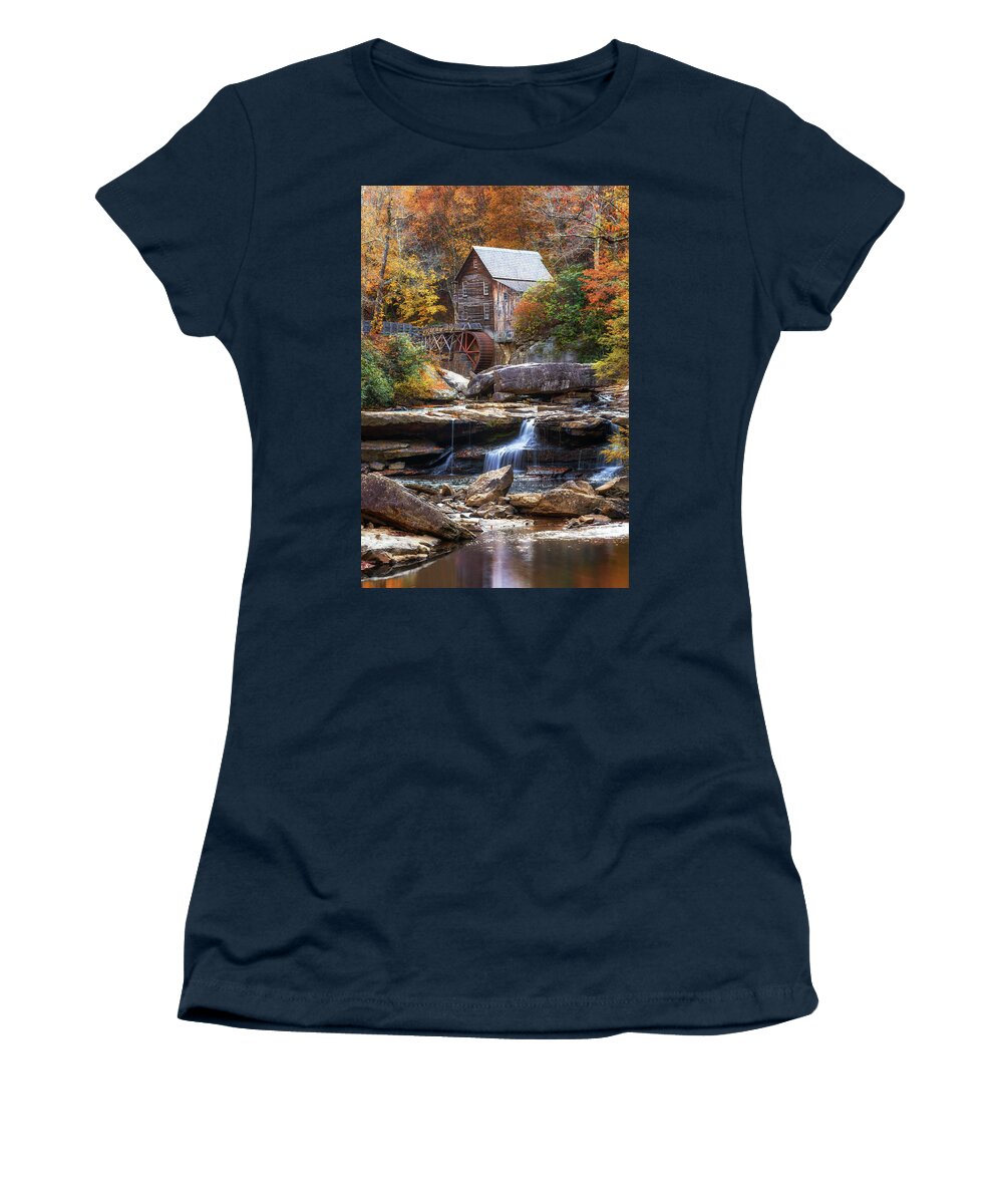 Glade Creek Grist Mill Women's T-Shirt featuring the photograph Autumn At the Glade Creek Grist Mill by Susan Rissi Tregoning