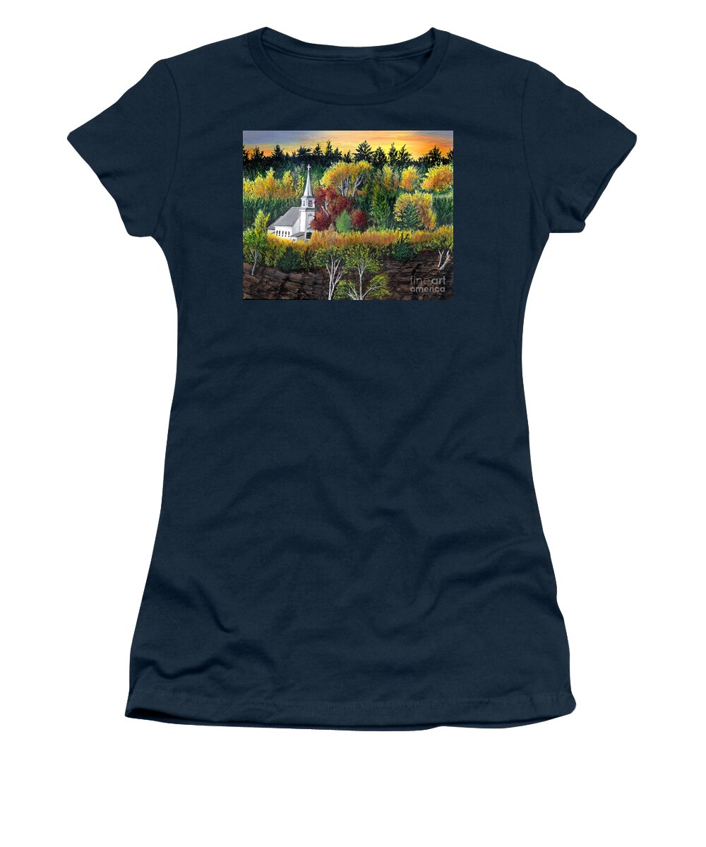 Church Women's T-Shirt featuring the painting Autumn Church Sunset by Pat Davidson