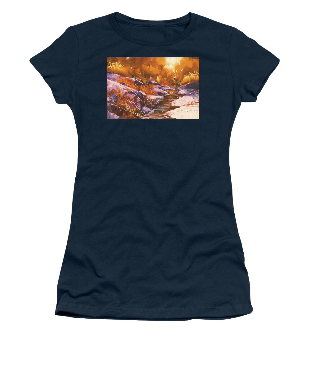 Abstract Women's T-Shirt featuring the painting Autumn Creek by Tithi Luadthong