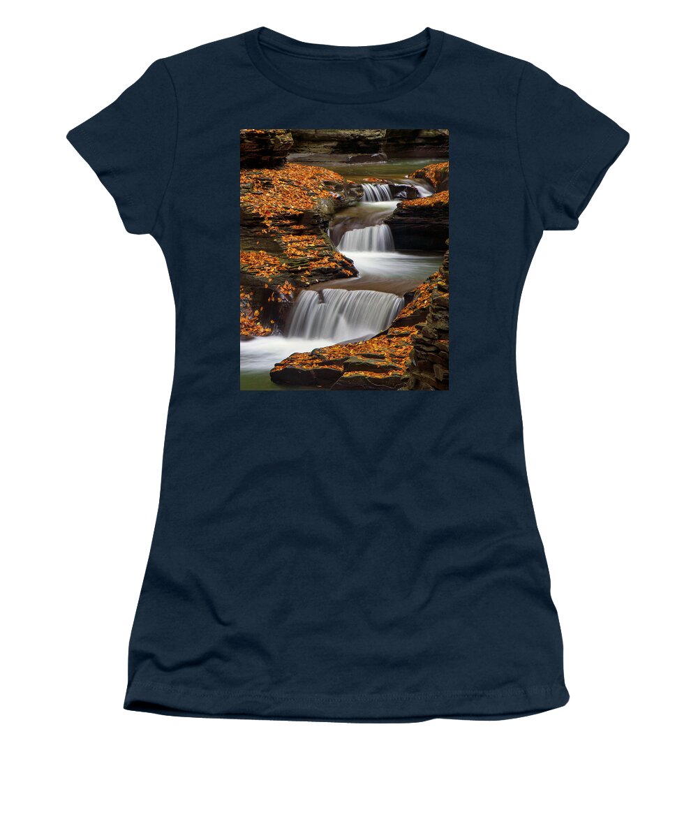 Waterfalls Women's T-Shirt featuring the photograph Autumn Flow by Timothy McIntyre