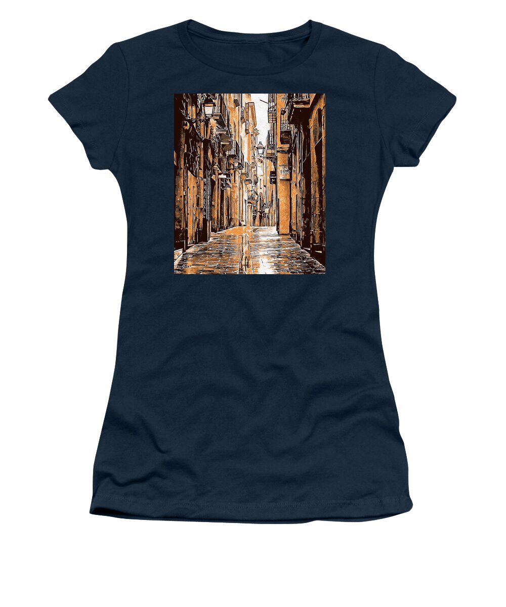 Barcelona Women's T-Shirt featuring the painting Barcelona, Gothic Quarter - 10 by AM FineArtPrints