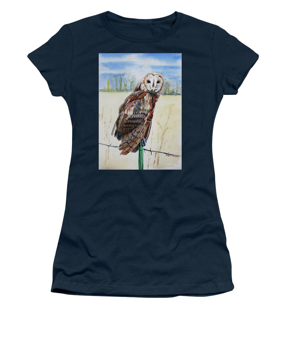 Watercolor Women's T-Shirt featuring the painting Barn Owl - Just Landed by E M Sutherland