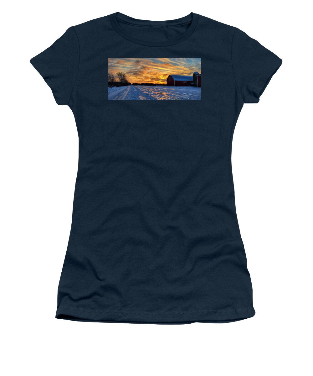 Winter Women's T-Shirt featuring the photograph Barn Sunrise by Brook Burling