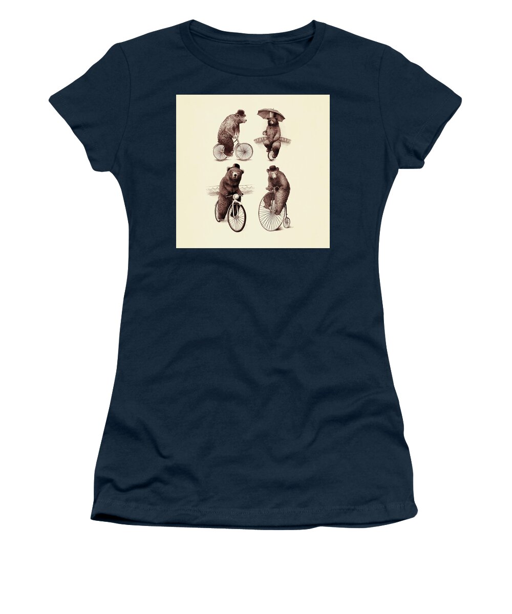 Bears Women's T-Shirt featuring the drawing Bears on Bicycles by Eric Fan
