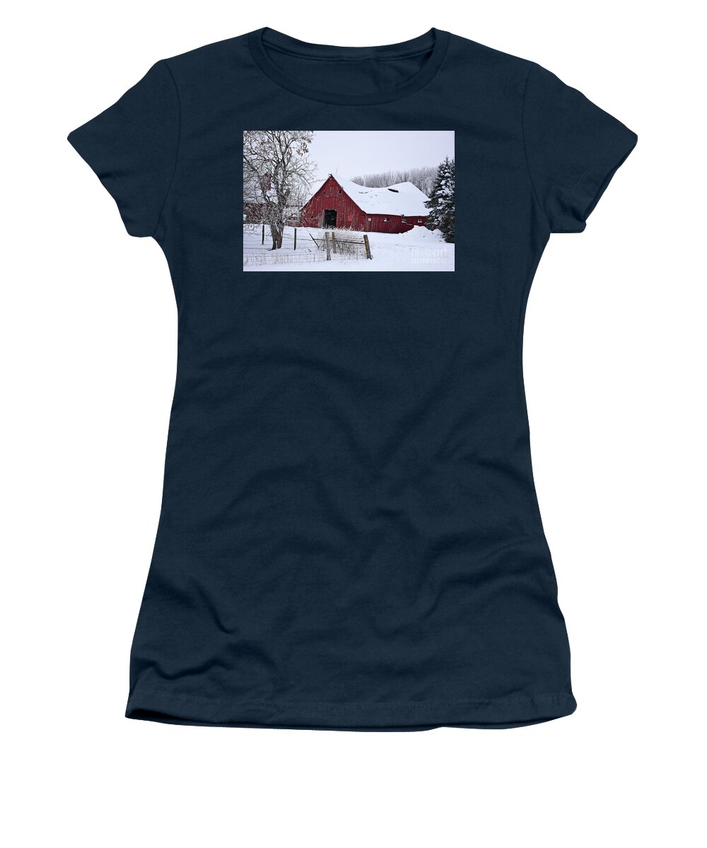 Beautiful Barn Under Pressure Women's T-Shirt featuring the photograph Beautiful Barn Under Snow Pressure by Kathy M Krause
