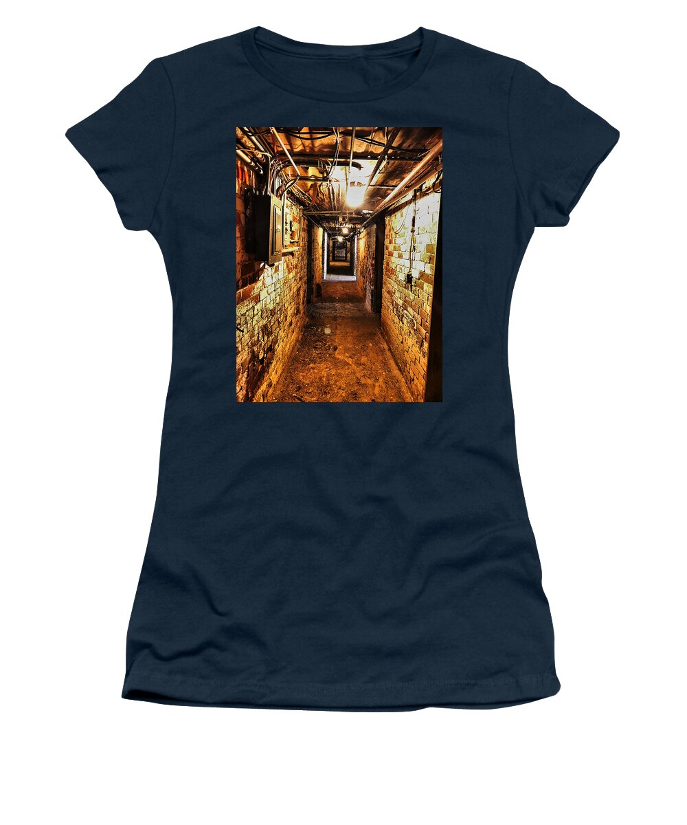  Women's T-Shirt featuring the photograph Bellmead basement by Stephen Dorton