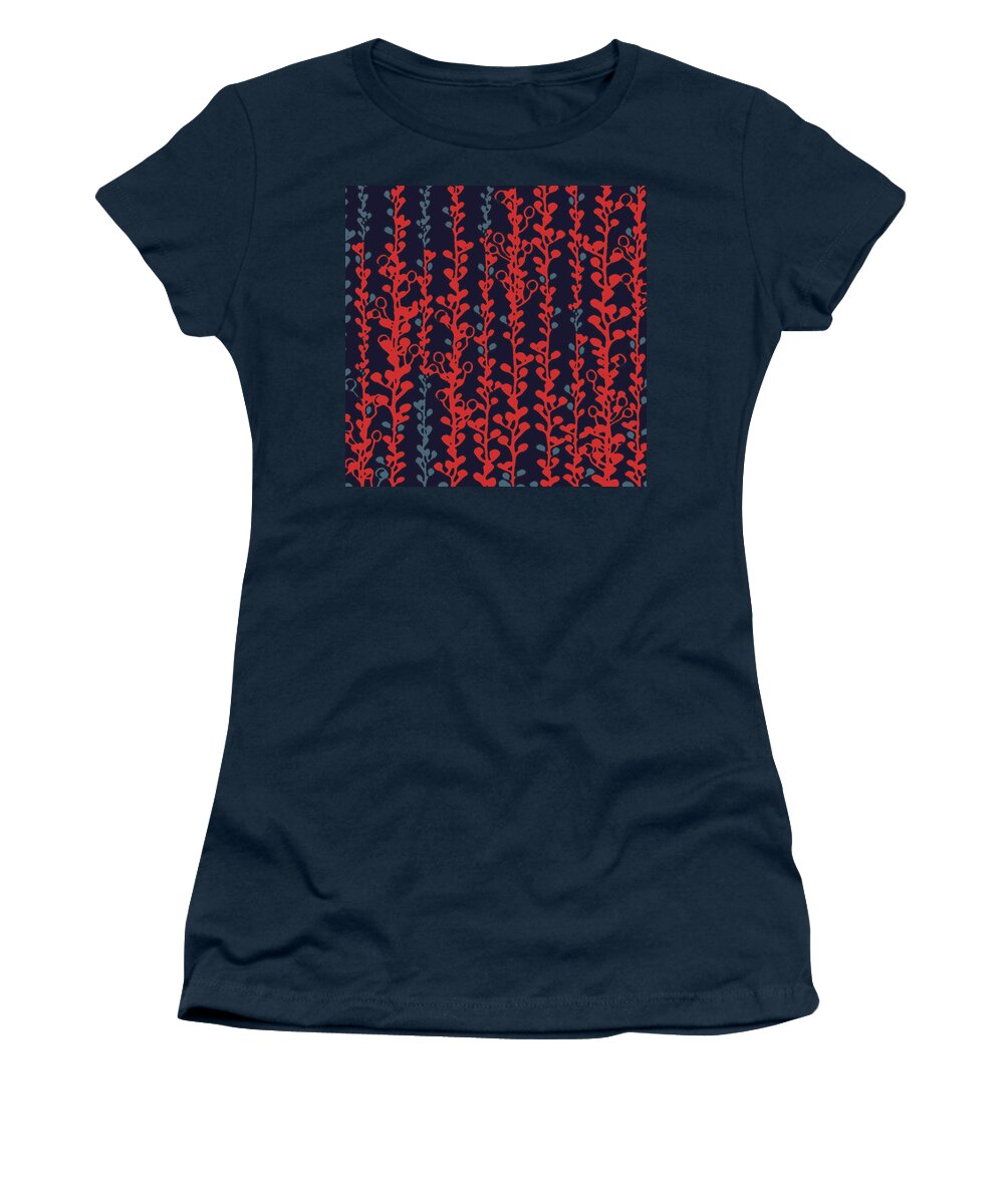 Vines Women's T-Shirt featuring the digital art Berry Vines Red and Navy by Sand And Chi