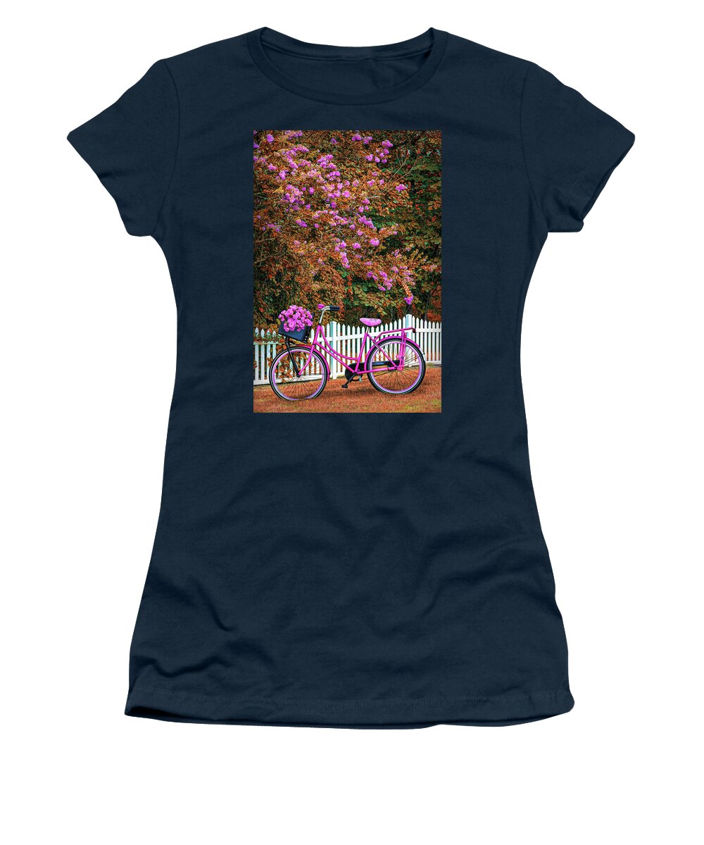 Carolina Women's T-Shirt featuring the photograph Bicycle by the Garden Fence Early Autumn by Debra and Dave Vanderlaan
