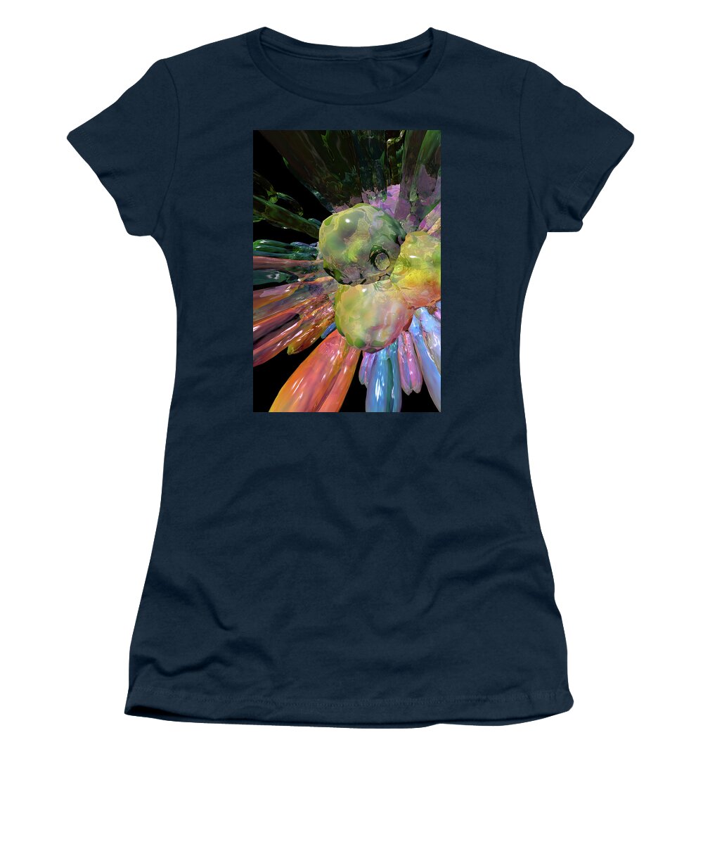 Deep Zoom Into An Influenza Virus Particle Model Rendered In Translucent Rainbow Colours Women's T-Shirt featuring the digital art Bird Flew #3 by Russell Kightley