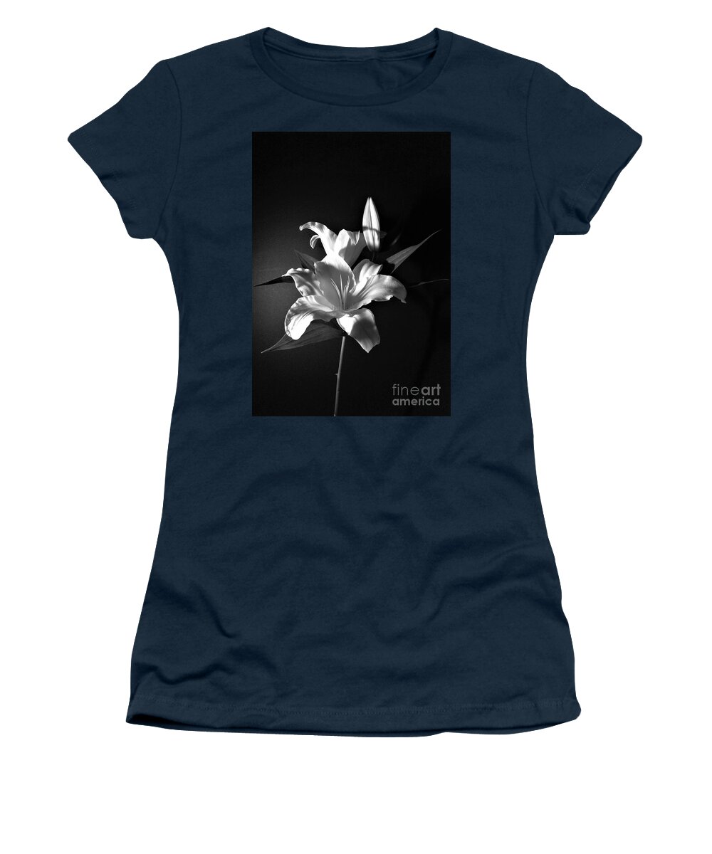 Black And White Women's T-Shirt featuring the photograph Black and White Lily Flower for Home Decor Wall Prints by Delynn Addams